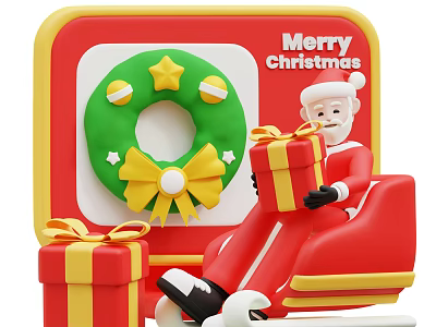 Santa Claus On Sleigh With Gift Boxes And Green Christmas Wreath 3d model