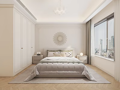 Elegant Modern Bedroom Interior Design With Bed Nightstands Decorative Mirror Large Window And City View 3d model