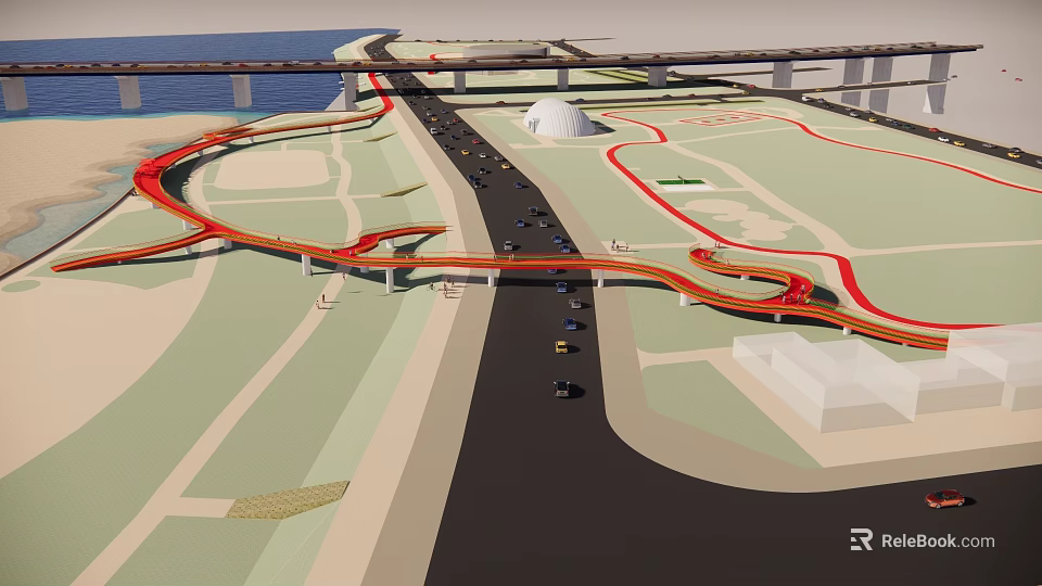Modern Urban Bridge Design With Multi Lane Roads White Dome Building And Green Landscape 3d model 