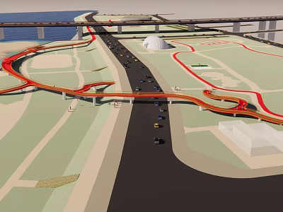 Modern Urban Bridge Design With Multi Lane Roads White Dome Building And Green Landscape 3d model
