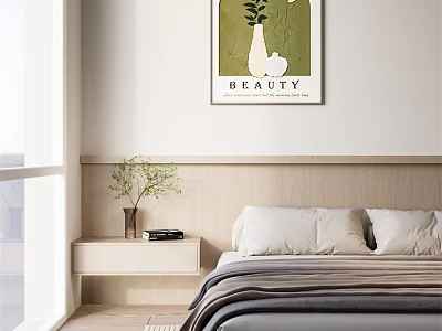Modern Minimalist Double Bed with Wooden Headboard Striped Bedding Green Plant Vase and Beauty Poster 3d model