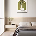Modern Minimalist Double Bed with Wooden Headboard Striped Bedding Green Plant Vase and Beauty Poster