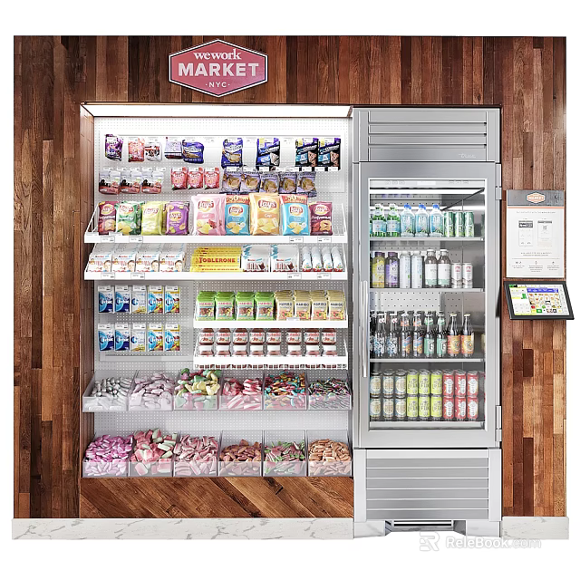 Supermarket Display Shelves Holding Organized Assorted Snacks Beverages And Refrigerated Goods 3d model 