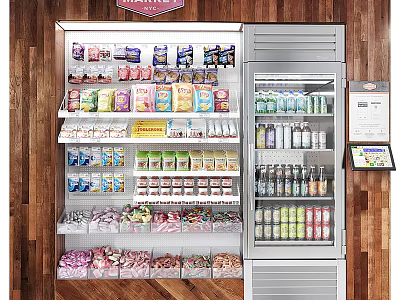 Supermarket Display Shelves Holding Organized Assorted Snacks Beverages And Refrigerated Goods 3d model