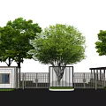 Modern Entrance Gate With Green Trees Metal Fence And Black Pavement