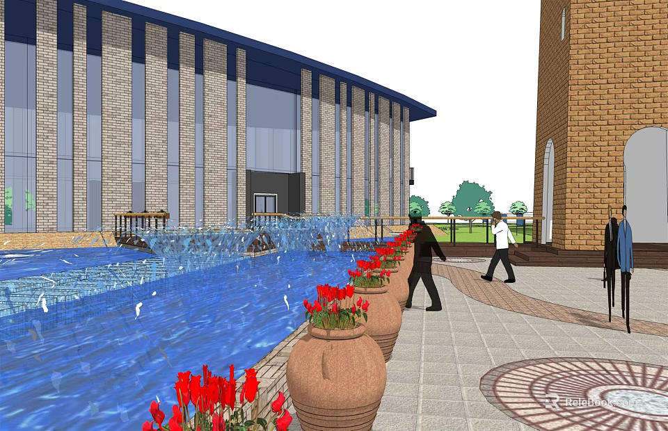Elegant Modern Sales Office Building With Water Feature Flower Beds And Pedestrians 3d model 