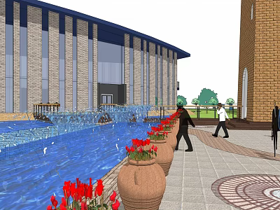 Elegant Modern Sales Office Building With Water Feature Flower Beds And Pedestrians 3d model