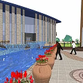 Elegant Modern Sales Office Building With Water Feature Flower Beds And Pedestrians