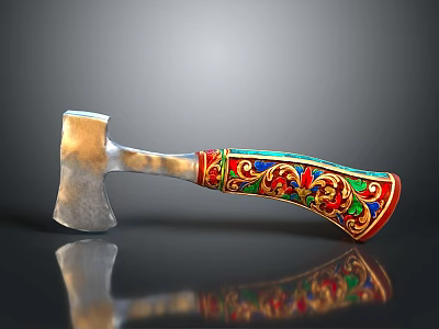 Traditional Decorative Axe With Sharp Metal Head And Colorful Patterned Handle 3d model