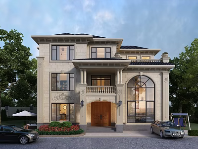 Elegant Single Family House With Stone Exterior Large Windows Wooden Front Door And Porch 3d model