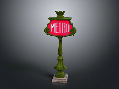 Vintage Metro Sign Structure With Green Decorative Pole And Red Panel 3d model