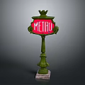 Vintage Metro Sign Structure With Green Decorative Pole And Red Panel