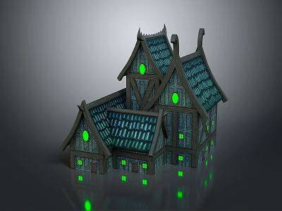 Unique Wooden House With Pointed Roofs Green Lit Windows And Shiny Reflections 3d model