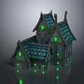 Unique Wooden House With Pointed Roofs Green Lit Windows And Shiny Reflections
