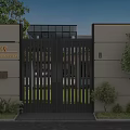 Modern Villa Building Exterior Wall With Black Metal Gate Greenery And Minimalist Design