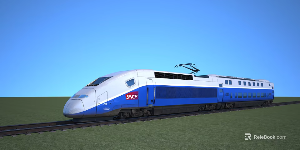 Blue and white SNCF high-speed train on railway track with blue sky and grassy background 3d model 