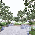 Serene Park Landscape With Lush Trees Circular Flower Beds And Paved Ground