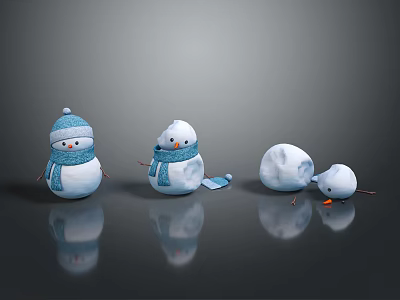 Adorable Snowmen Characters Wearing Blue Hats Scarves And Different Winter Poses 3d model