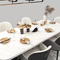Modern Dining Table Set With Marble Tabletop Dining Chairs Pendant Light Rug And Tabletop Decorations 3d model