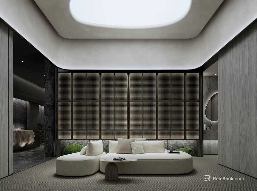 Modern Clubhouse Interior Design With Skylight White Sofa And Wooden Partition Green Plants 3d model 