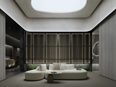 Modern Clubhouse Interior Design With Skylight White Sofa And Wooden Partition Green Plants 3d model