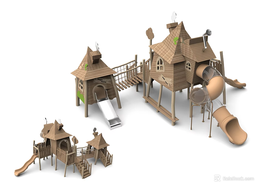 House Shaped Wooden Playground Equipment With Slides Stairs And Connecting Bridges 3d model 