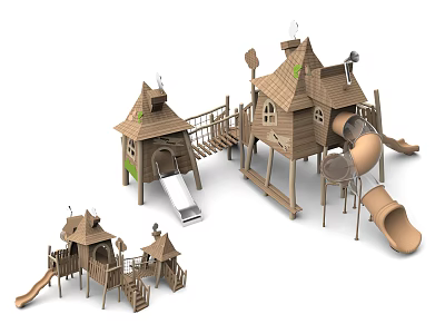 House Shaped Wooden Playground Equipment With Slides Stairs And Connecting Bridges 3d model