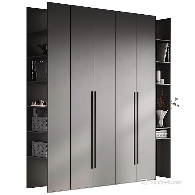 Modern Grey Decorative Cabinet With Black Handles And Open Shelves For Books Decorations And Vase 3d model 