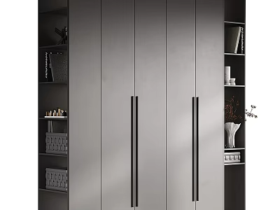 Modern Grey Decorative Cabinet With Black Handles And Open Shelves For Books Decorations And Vase 3d model