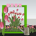 Spring Garden View With Green Frame And Pink Tulips Near Watering Can