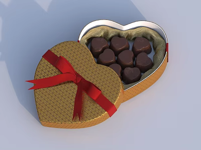 Heart Shaped Box With Gold Grid And Red Bow Containing Chocolate 3d model