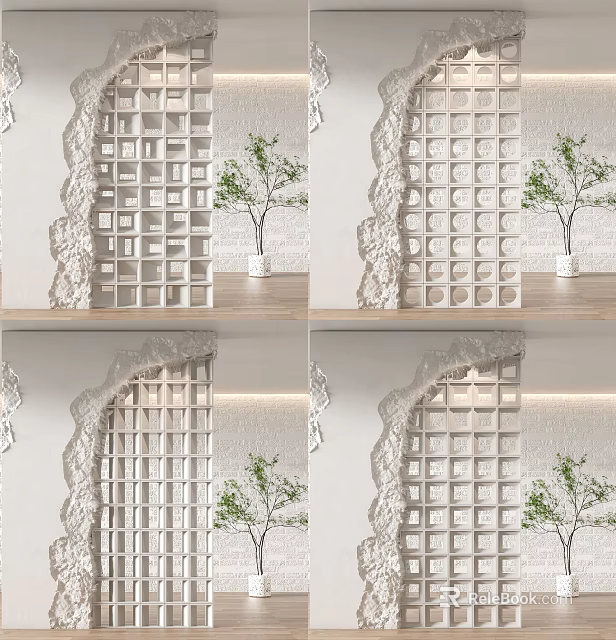 Modern Interior Room Divider With Geometric Lattice Design And Potted Green Plant 3d model 
