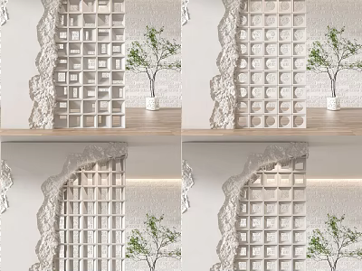 Modern Interior Room Divider With Geometric Lattice Design And Potted Green Plant 3d model