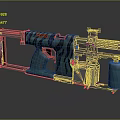 Green and Black Striped Weapon With Metal Components And Blue Gas Cylinder