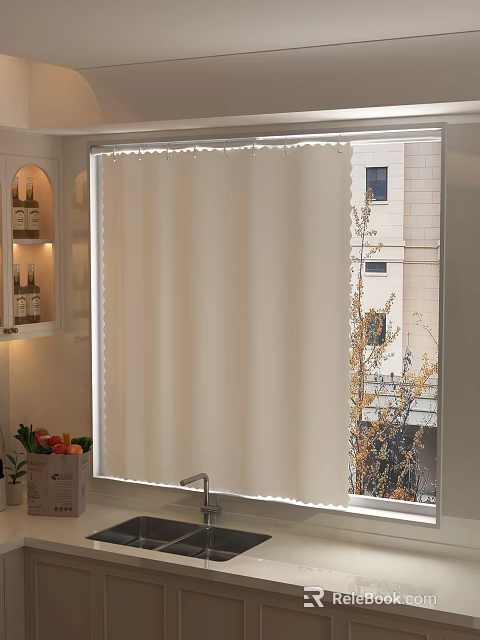 Soft Light Filtering Beige Curtains In Kitchen Window With Fruit Basket And Shelves 3d model 