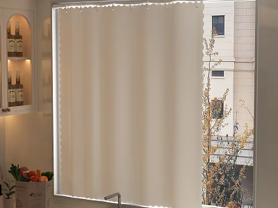 Soft Light Filtering Beige Curtains In Kitchen Window With Fruit Basket And Shelves 3d model