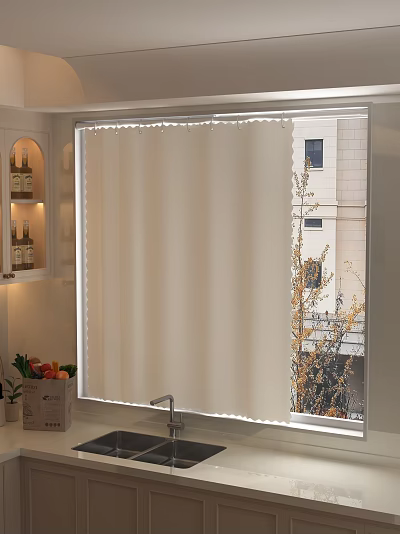 Soft Light Filtering Beige Curtains In Kitchen Window With Fruit Basket And Shelves 3d model