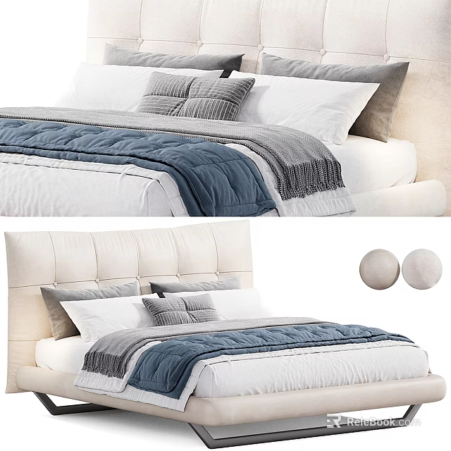 Modern Cozy Double Bed With Upholstered Headboard Soft Blue Gray Quilt And Decorative Pillows 3d model 