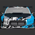 Sporty Racing Car With Blue White Black Graphic Design And Rear Wing