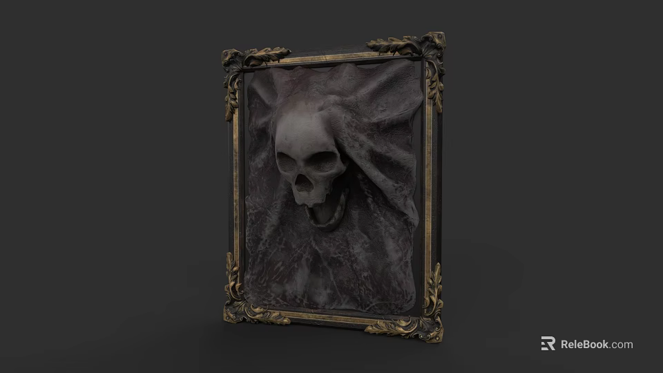 Photo Wall With Ornate Golden Frame Featuring Skull On Dark Background 3d model 
