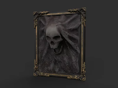 Photo Wall With Ornate Golden Frame Featuring Skull On Dark Background 3d model