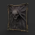 Photo Wall With Ornate Golden Frame Featuring Skull On Dark Background