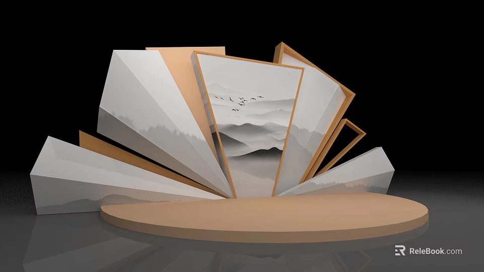 Geometric Folded Display Stand With Mountain Landscape Artwork And Round Base 3d model 