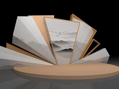 Geometric Folded Display Stand With Mountain Landscape Artwork And Round Base 3d model