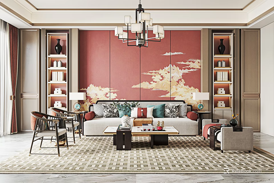 Elegant Modern Living Room Interior With Sofa Coffee Table Chandelier And Area Rug 3d model 