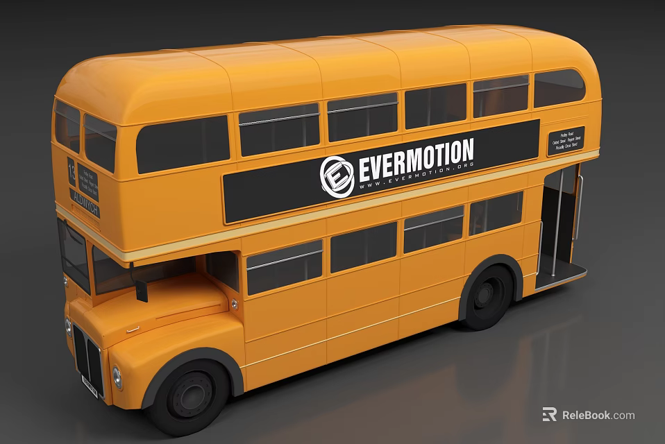 Classic Yellow Double Decker Bus Featuring EVERMOTION Logo On Side Body 3d model 