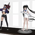 Anime Collectible Figures In Different Outfits Displayed On Wooden Shelf With Green Plant