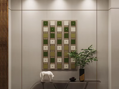 Modern Console Table With Green And Beige Decorative Panel White Cow Figurine And Potted Plant 3d model