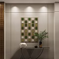 Modern Console Table With Green And Beige Decorative Panel White Cow Figurine And Potted Plant
