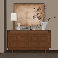 Wooden Entryway Console Table With Table Lamp Sculpture Candle Holder Vase Twigs And Wall Painting